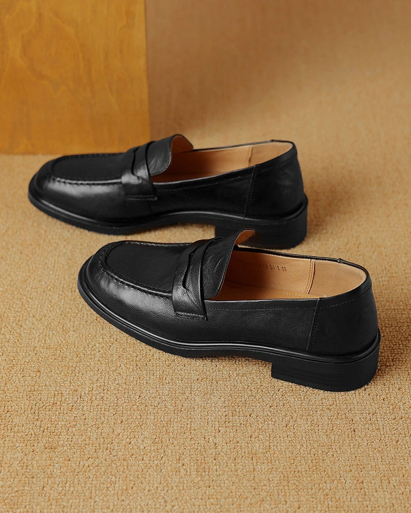 Leather Round Toe Flat Low Heeled Loafers Neutral Loafers