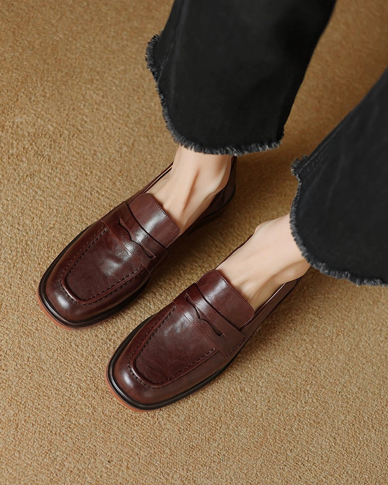 Best Bit Loafers Leather Round Toe Flat Low Heeled Loafers