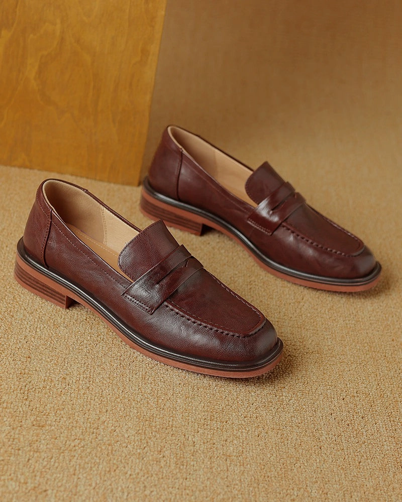 Leather Round Toe Flat Low Heeled Loafers Loafers Sylke