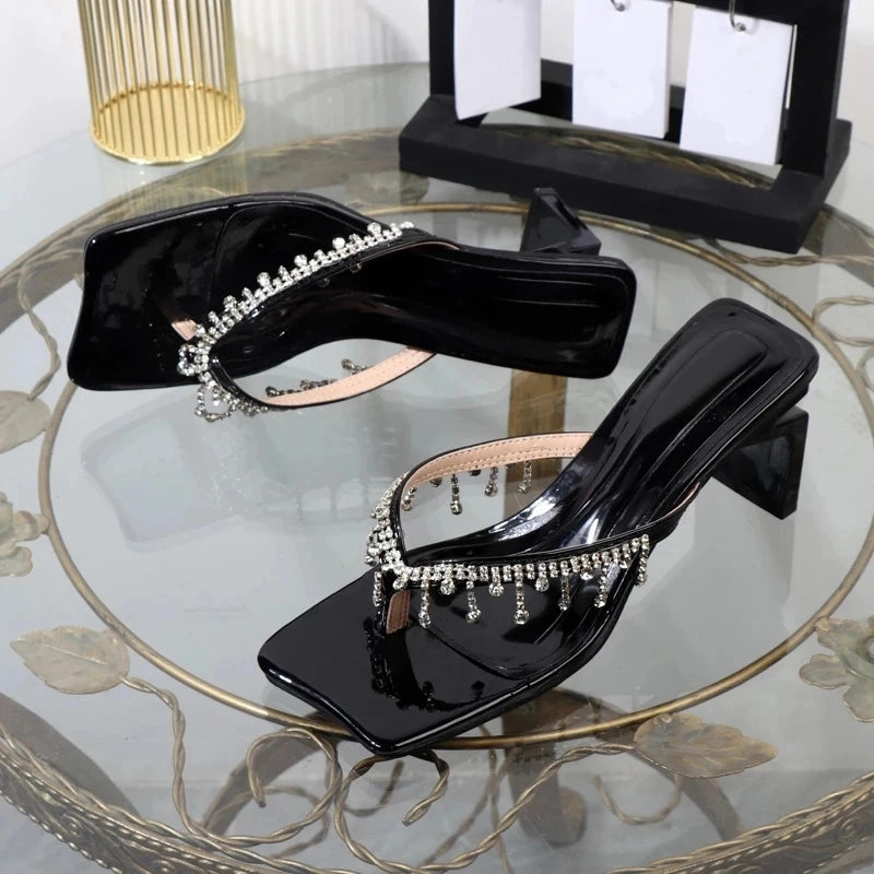 Crochet Pattern Slippers Easy Liyke 2024 neue Marke seltsame High Heels Flip Flops Frauen Hausschuhe Mode Kristall Fransen V-Riemen Sandalen Schuhe Panto letten Slider