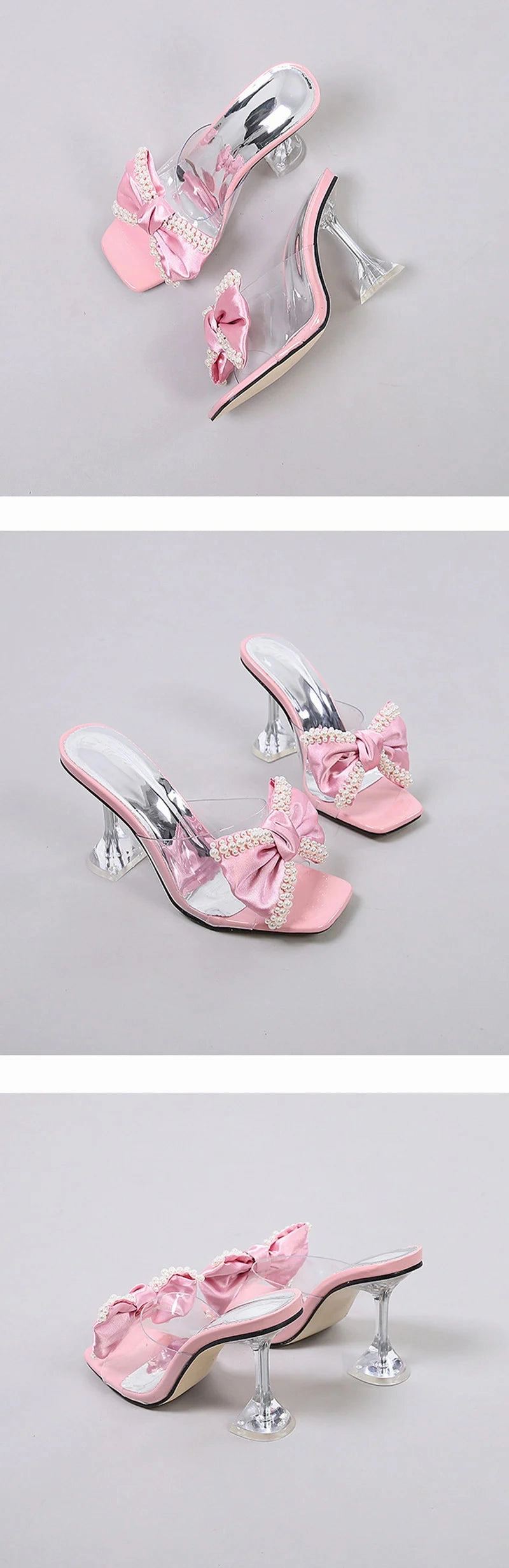 Liyke 2024 neuen Stil rosa Frauen Hausschuhe Sandalen Mode Perle Bowknot High Heels PVC transparente Schuhe Sommer Maultier Slides Pumps Sword Of Sandals 2