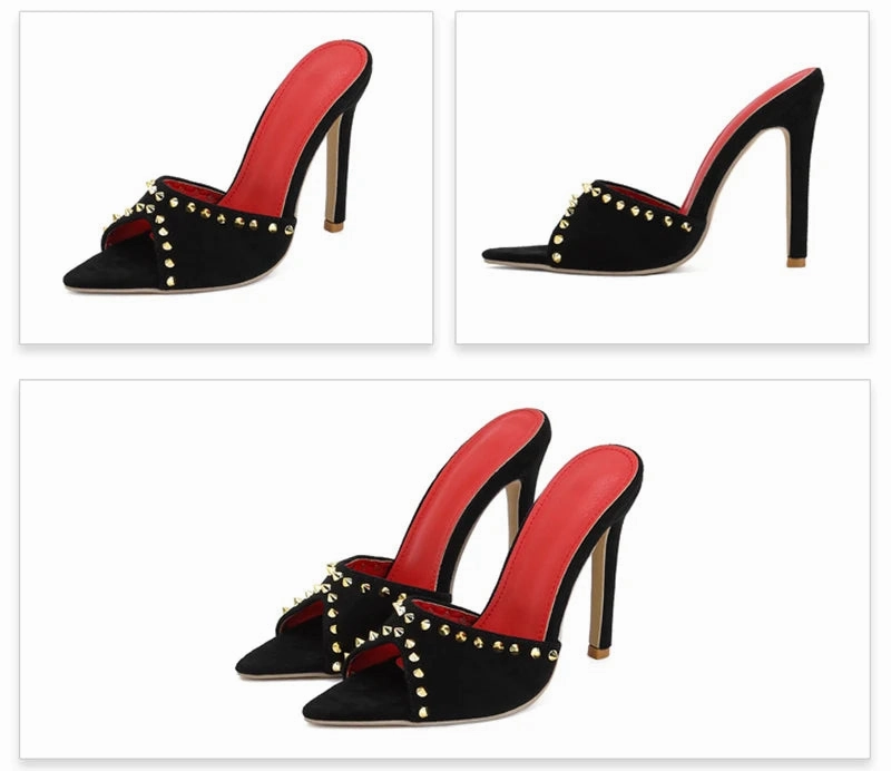 Liyke 2024 Sommer Mode Metall Niet Designer High Heels Frauen Hausschuhe sexy spitzen Zehen Party Stripper Schuhe Panto letten Sandalen Designer Slides For Cheap