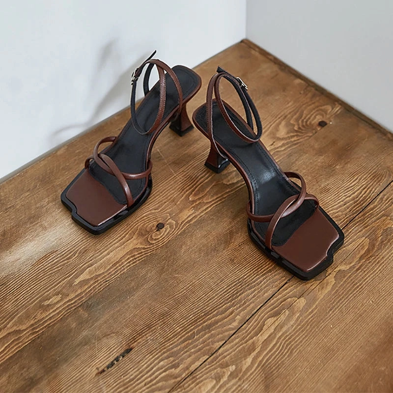 Fake Sandals 2024 Summer Narrow Band Heel Sandals Women Thick Heel 7 CM Ankle Strap Fashion Square Toe Ladies Dress Sandalias Women's shoes