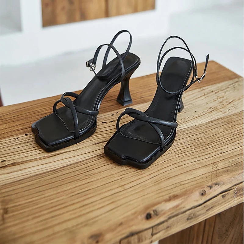Qvc Sandals 2024 Summer Narrow Band Heel Sandals Women Thick Heel 7 CM Ankle Strap Fashion Square Toe Ladies Dress Sandalias Women's shoes