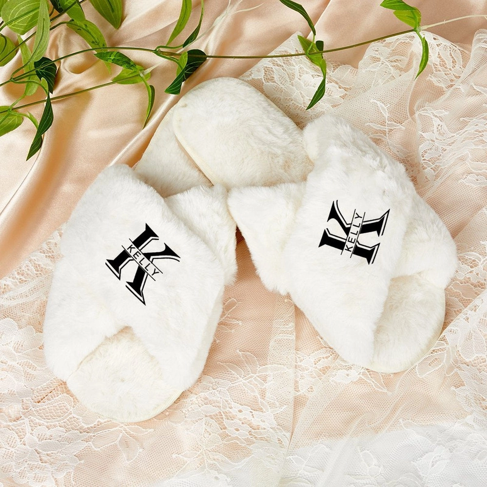 Custom Name&Initials Bridesmaid Slippers Fluffy Bridal Slippers Fuzzy Cross Band House Slide Shoes Slip Driftwood