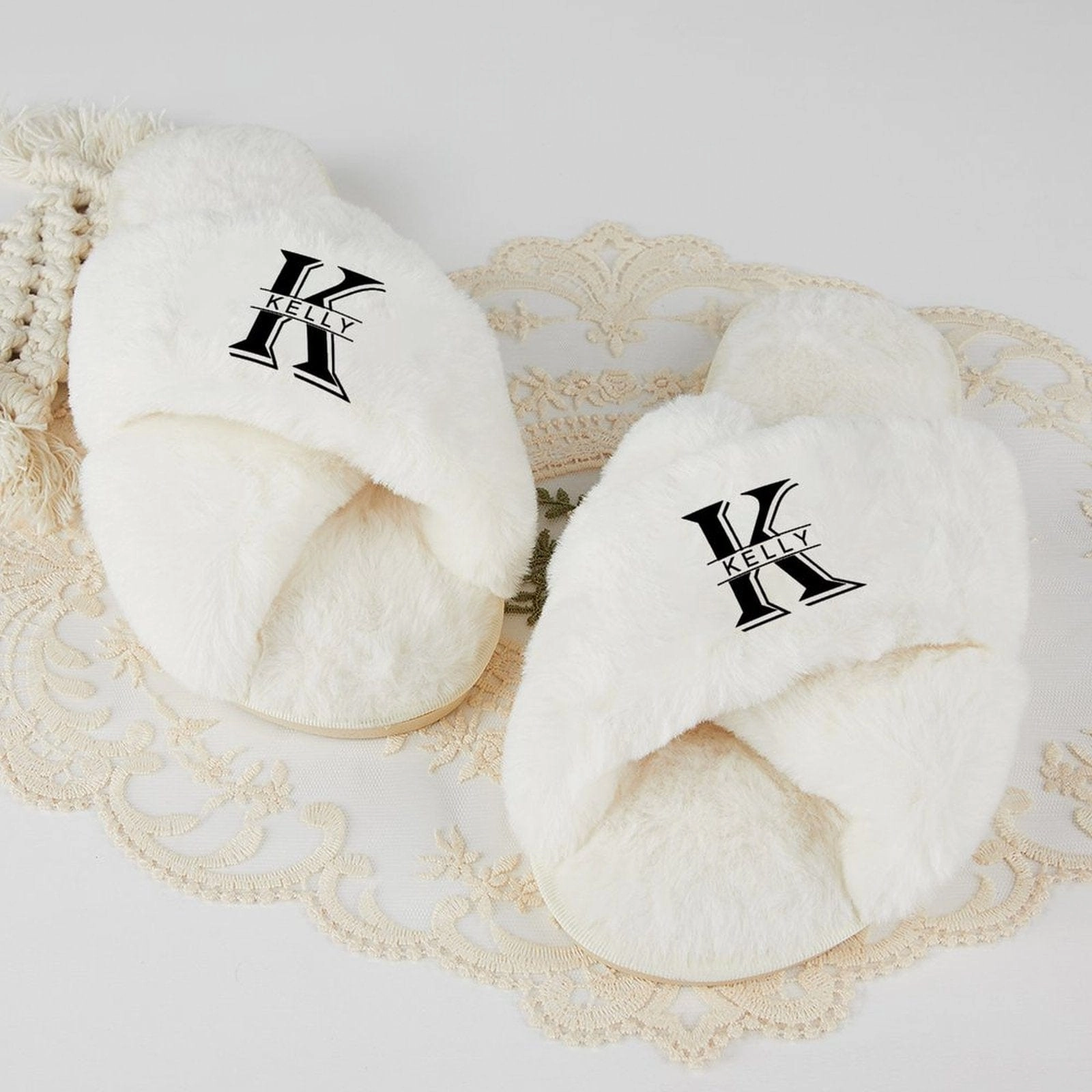 Platform Slide Heels Custom Name&Initials Bridesmaid Slippers Fluffy Bridal Slippers Fuzzy Cross Band House Slide Shoes