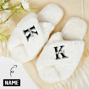 Wool Sock Slippers Custom Name&Initials Bridesmaid Slippers Fluffy Bridal Slippers Fuzzy Cross Band House Slide Shoes