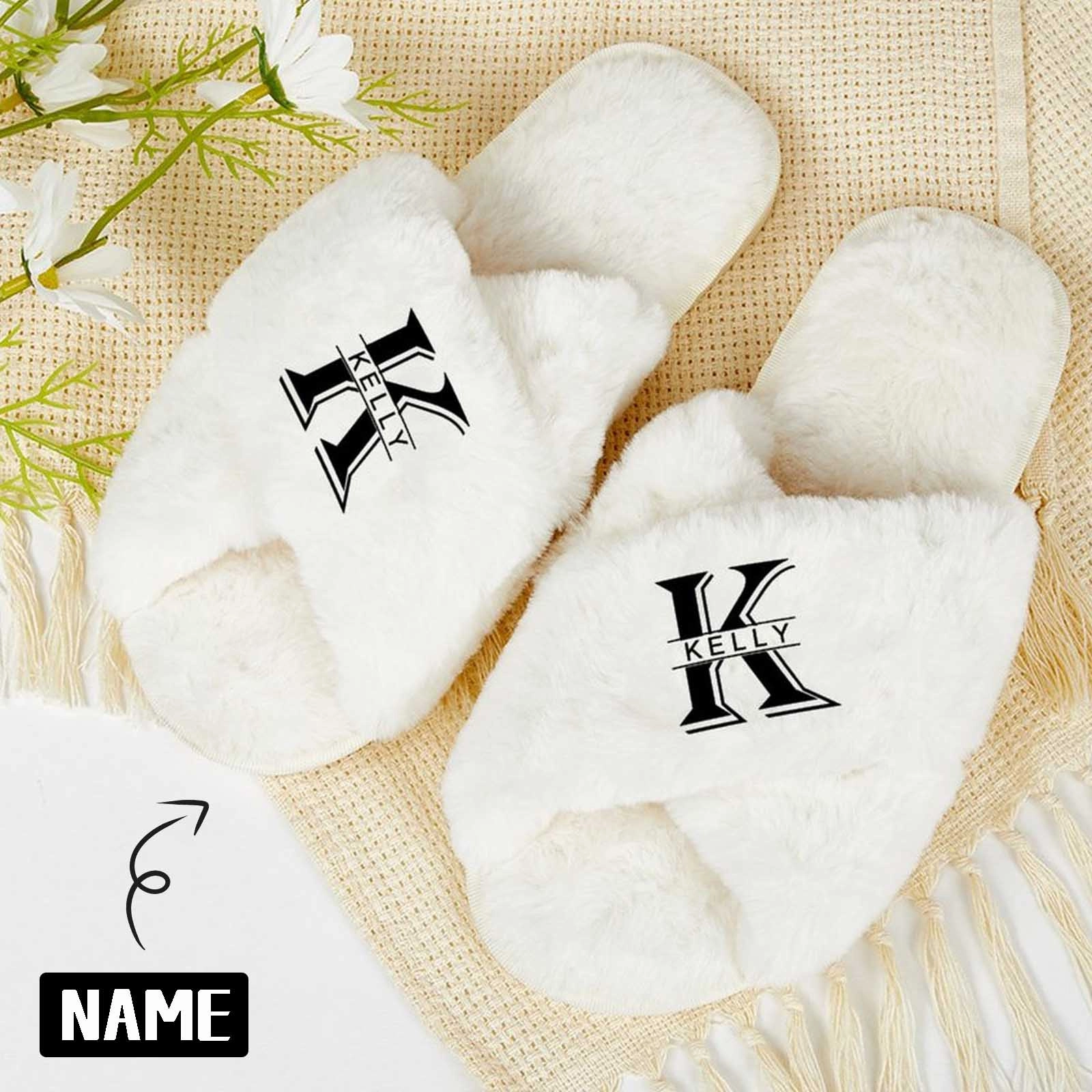 Custom Name&Initials Bridesmaid Slippers Fluffy Bridal Slippers Fuzzy Cross Band House Slide Shoes Bathing Ape Slippers