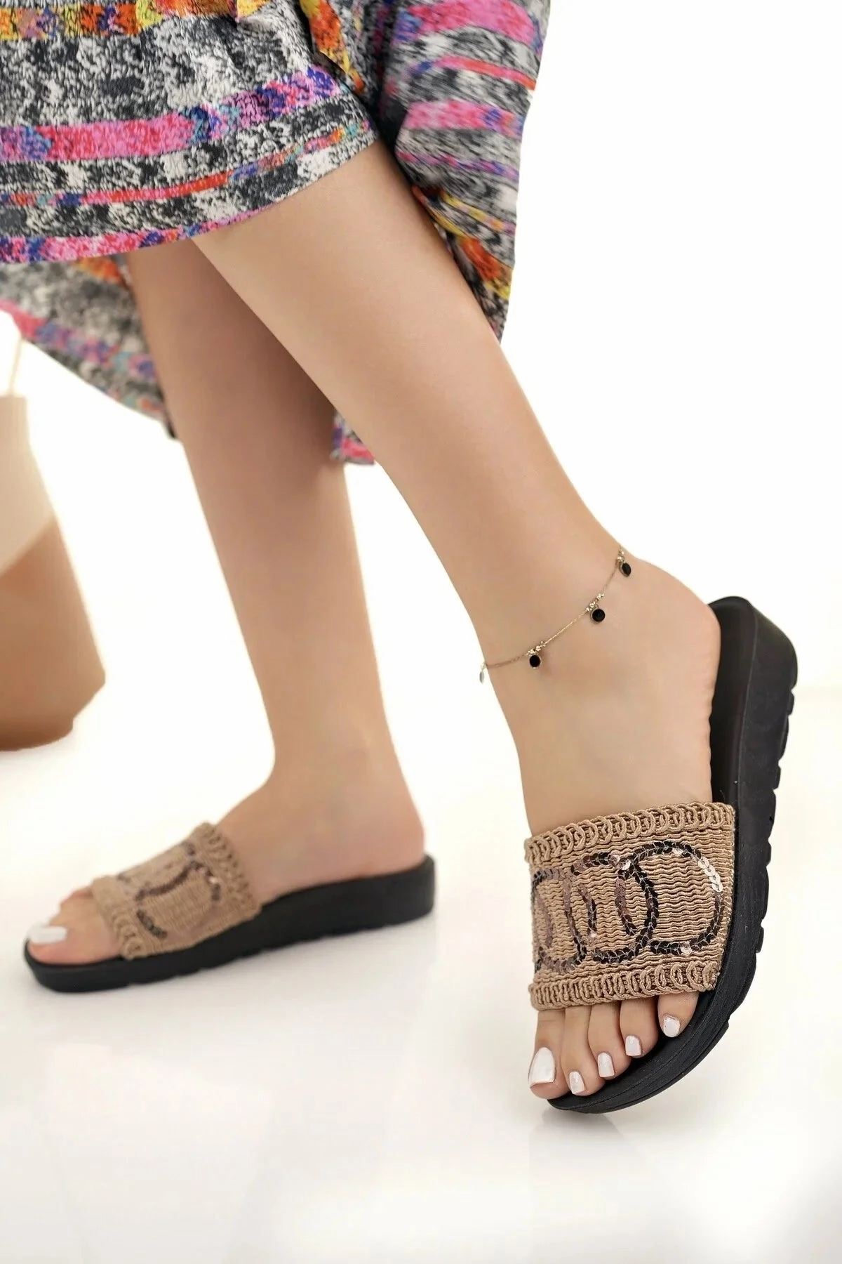 Slippers Soft Bottom Modafrsat Women's Straw  Knitting Lace Stone Detailed Stylish Slippers