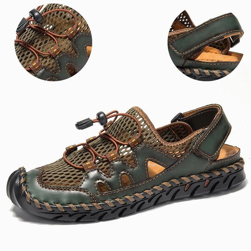 Cute Wide Width Sandals Men Genuine Leather Hand Stitching Breathable Mesh Casual Soft Sandals