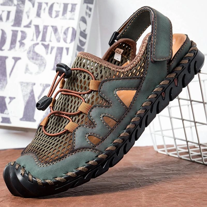 Men Genuine Leather Hand Stitching Breathable Mesh Casual Soft Sandals Cloud Steppers Sandals