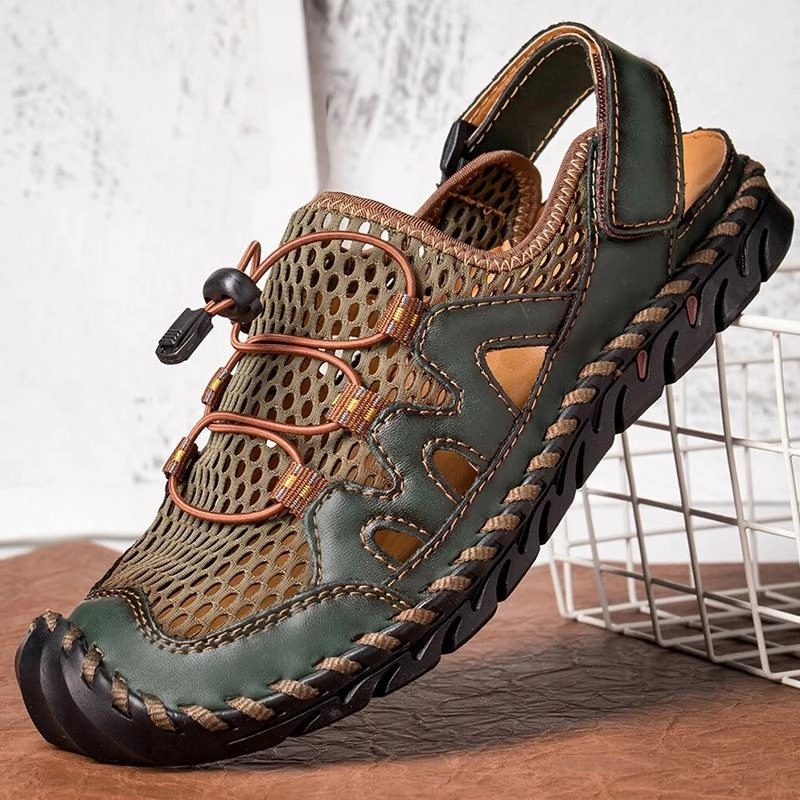 Men Genuine Leather Hand Stitching Breathable Mesh Casual Soft Sandals Celine Triomphe Sandals