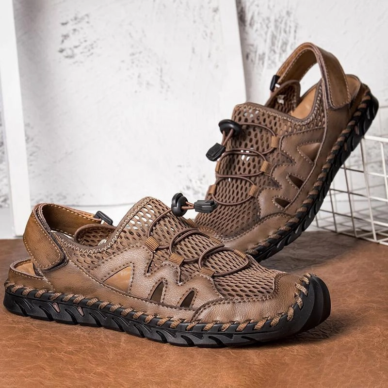 Men Genuine Leather Hand Stitching Breathable Mesh Casual Soft Sandals Choco Sandals