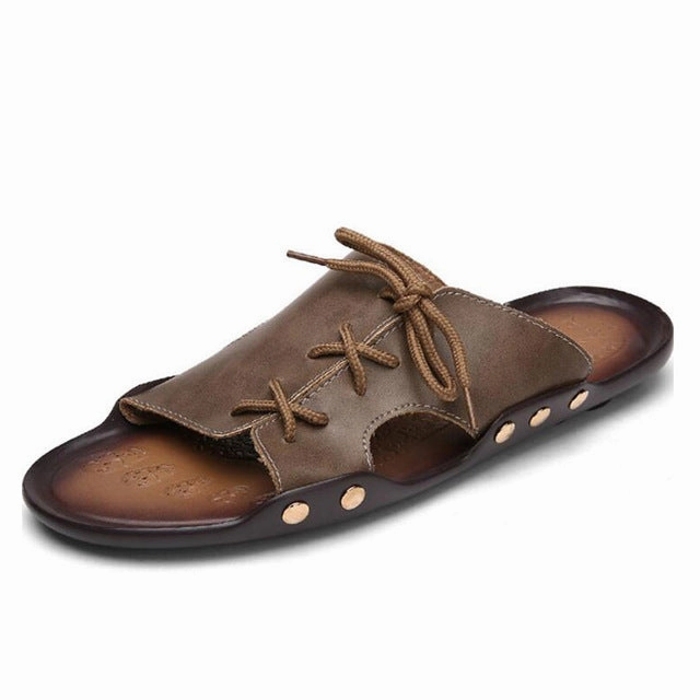 Suede Slides Men Lace Up Slippers Summer Style Cool Men Slides Shoes