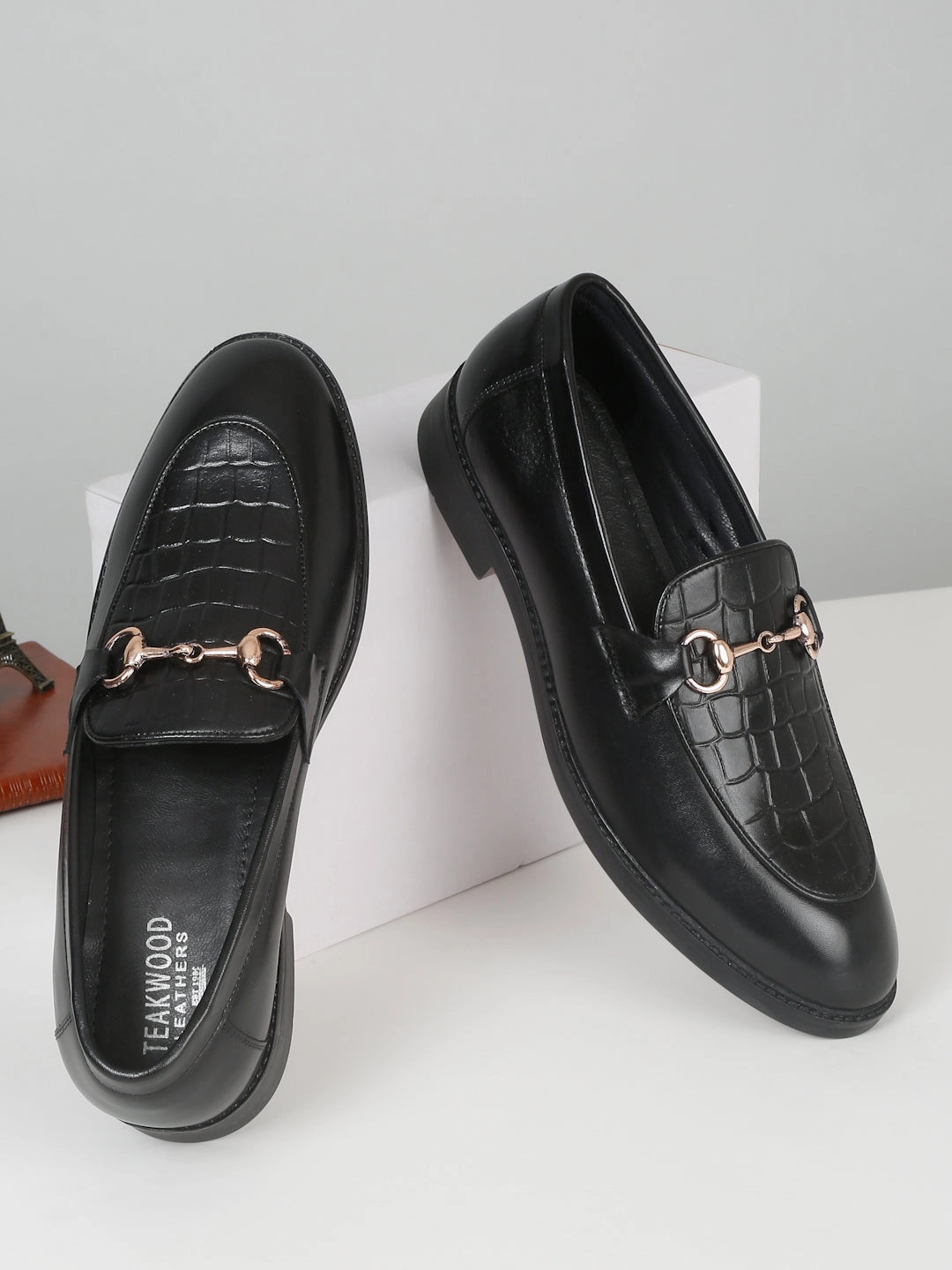 Casual Clog Shoe Men's Black Croco Texture Leather Loafers