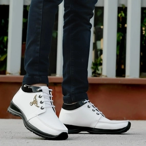 Men's Synthetic Leather Lace Up Boot Slide Leather Shoes White High Ankle Shoes Casual