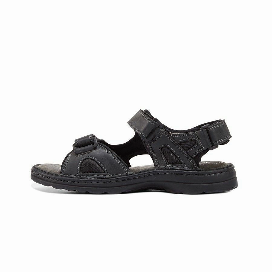 Mens Hush Puppies Simmer Black Sandals Leather Shoes Block Heeled Sandals