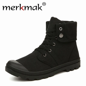 Merkmak Autumn Winter Men Canvas Boots Army Combat Style Fashion High-top Military Ankle Boots Men's Shoes Comfortable Sneakers Open Side Flat Shoes