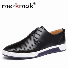 Merkmak  Men Casual Shoes Leather Summer Breathable Holes Luxury Brand Flat Shoes for Men Drop Shipping Plaid Flats Shoes