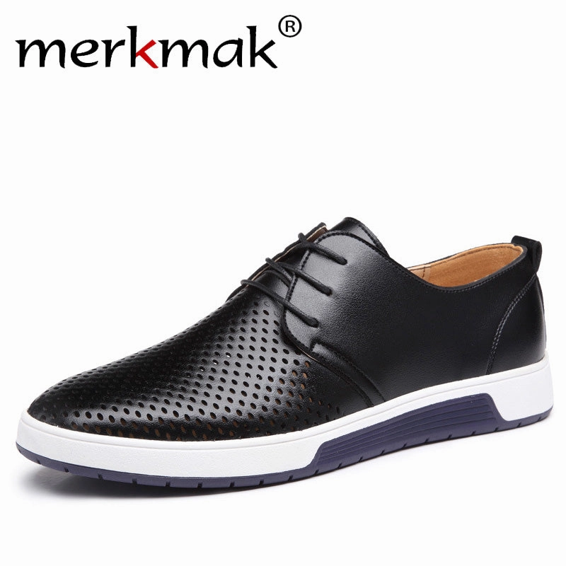 Merkmak  Men Casual Shoes Leather Summer Breathable Holes Luxury Brand Flat Shoes for Men Drop Shipping Feet Hurt After Wearing Flat Shoes