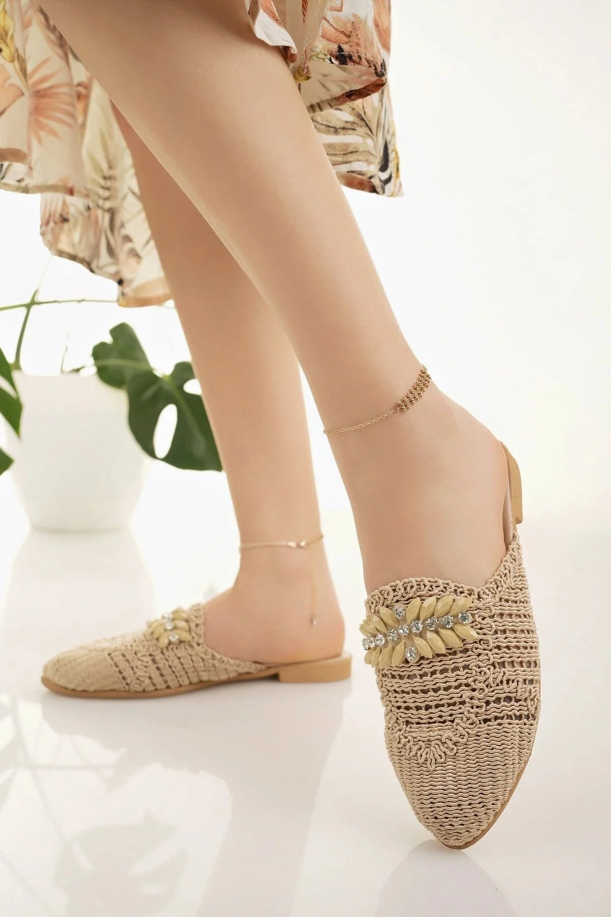 Modafrsat Women's Straw Front Closed Detailed Stylish Slippers Knitting Slippers Free Pattern