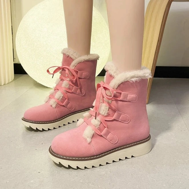 Round Toed Platform Plush Warm Waterproof High Snow Boot Flat Shoes With A Strap Across The Ankle