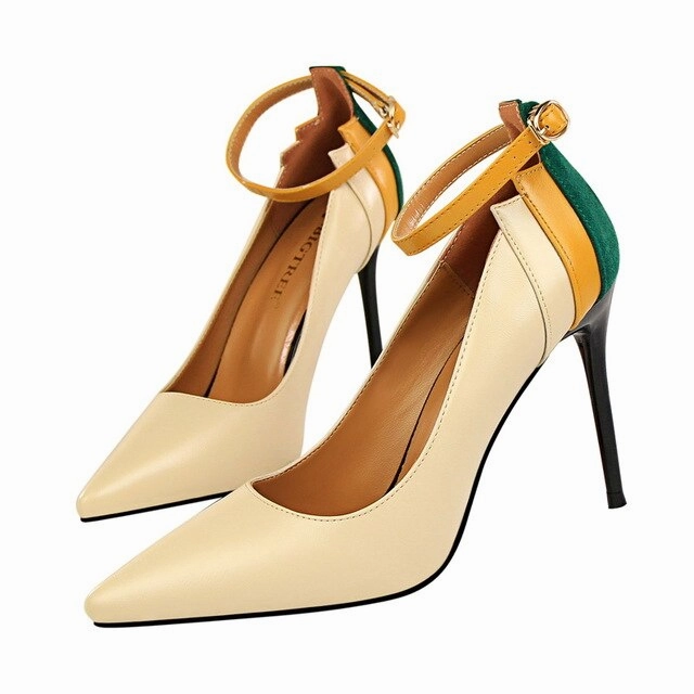 Smart Casual Leather Shoes New Multicolor Women Pumps Sexy Ankle Strap Pointed
