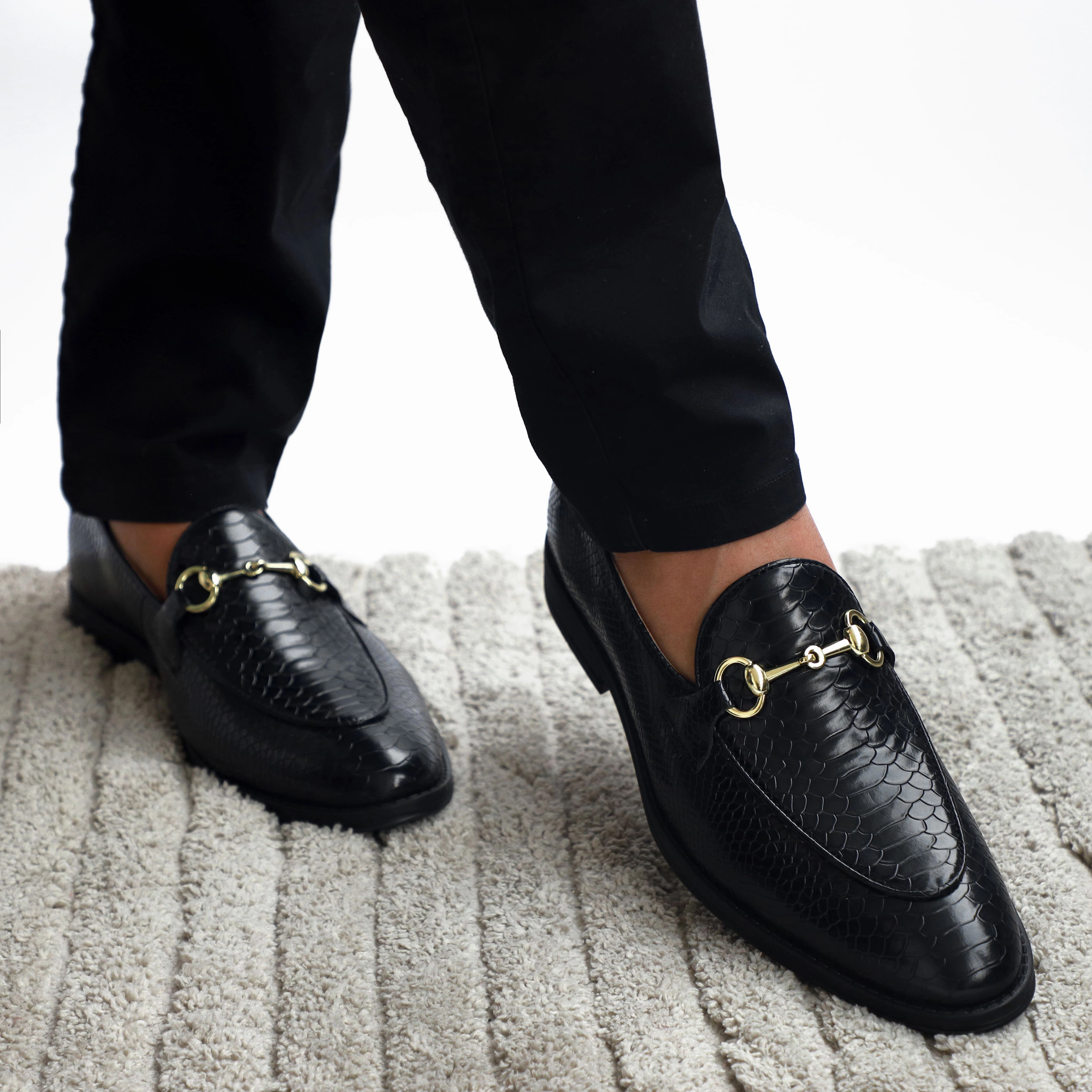 NICHE Black Python Print Horsebit Loafers Brushed Leather Loafers