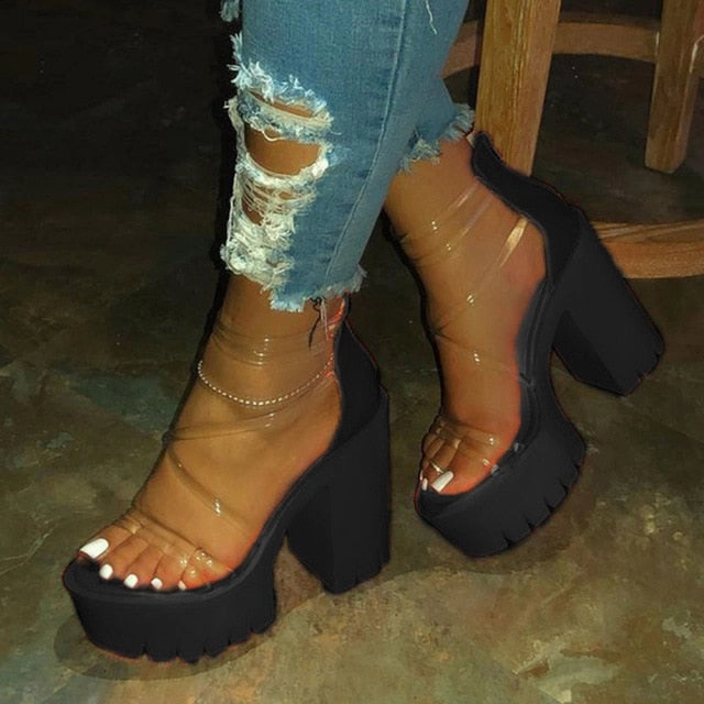 Night Club Party Platform Chunky Heel Sandals Summer Plus Size Shoes Transparent Gladiator Heel Sandals  Shoes Women Good Walking Sandals