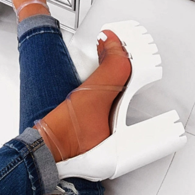 Sanuk Sandals Night Club Party Platform Chunky Heel Sandals Summer Plus Size Shoes Transparent Gladiator Heel Sandals  Shoes Women