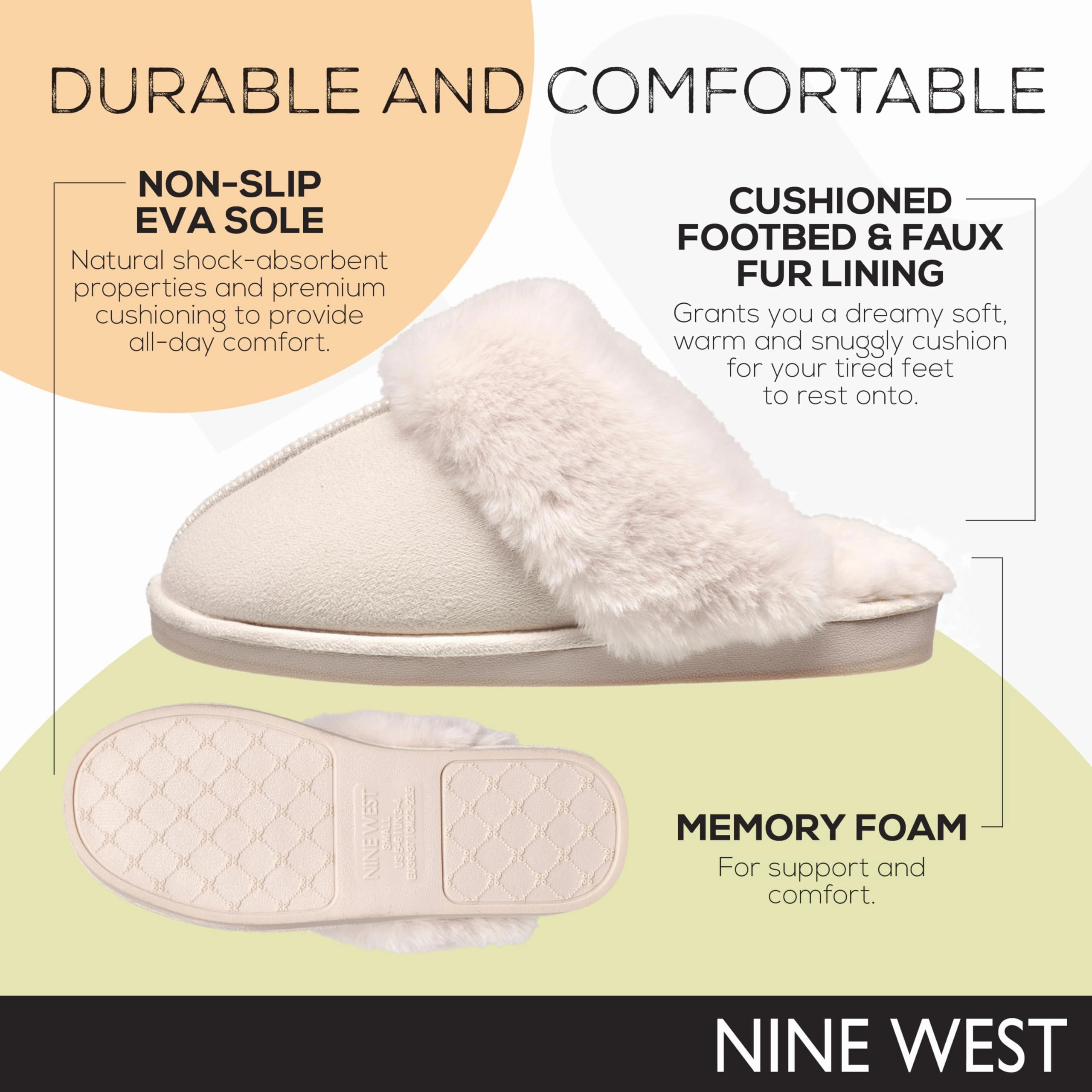 Fluff Slippers Nine West Scuff Slippers For Women, Extra Soft & Comfortable Winter House Shoes, Ivory, Large 9-10