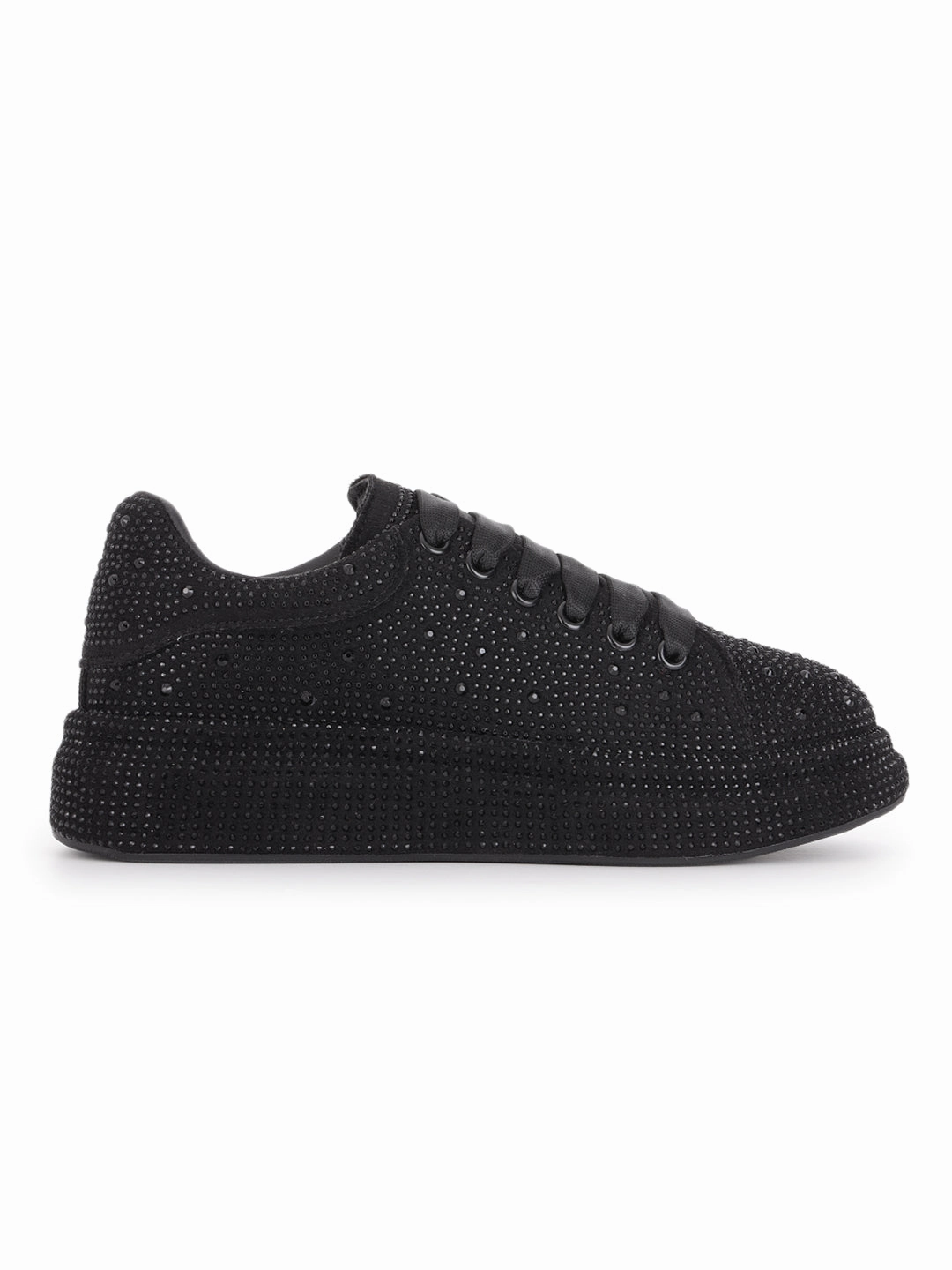 Casual Shoes For Big Feet Black Diamante Embellished Lace-Up Sneakers (TC-RS3653-BLK)