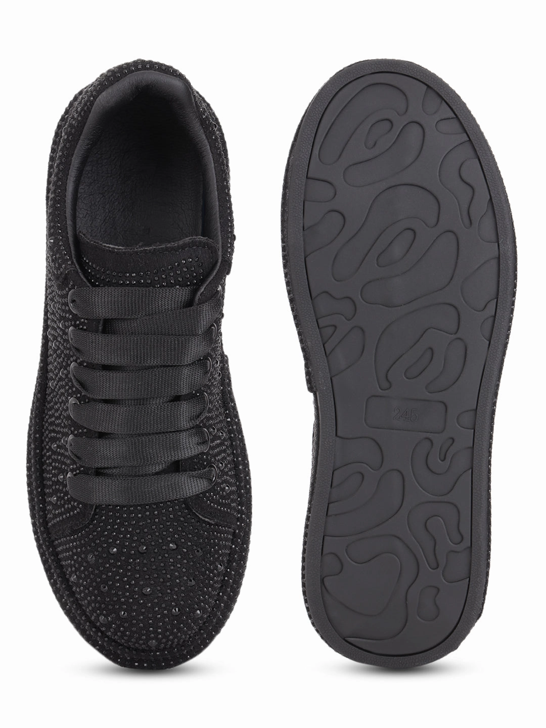 Court Legacy Lift Casual Black Diamante Embellished Lace-Up Sneakers (TC-RS3653-BLK)