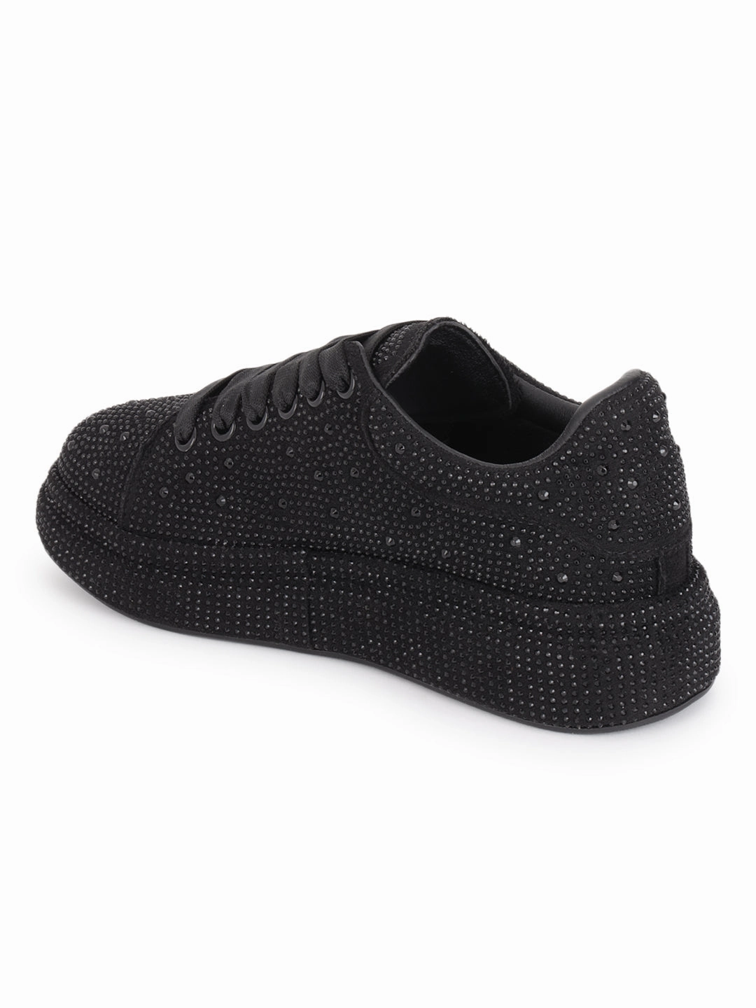 Casual Air Shoes Black Diamante Embellished Lace-Up Sneakers (TC-RS3653-BLK)