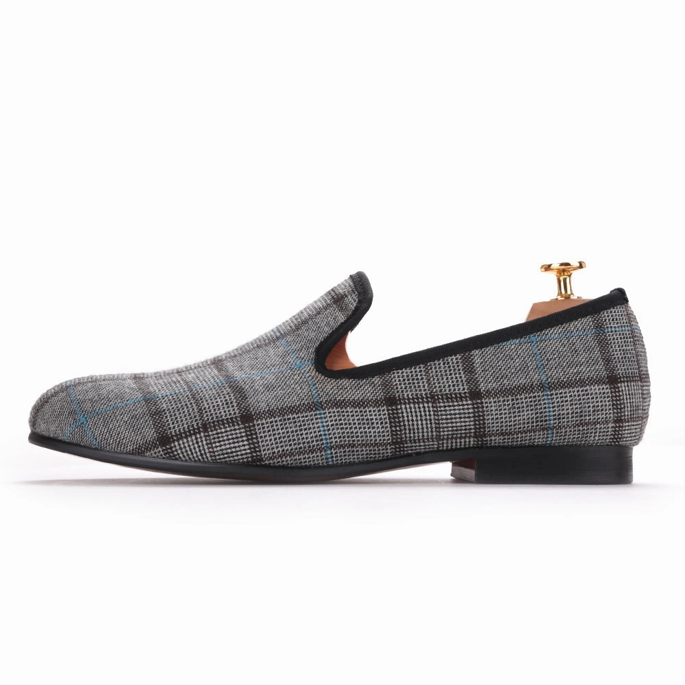OneDrop Gingham Gray Handmade Men Flats Slip On Party Wedding Prom Loafers Washable Flat Shoes
