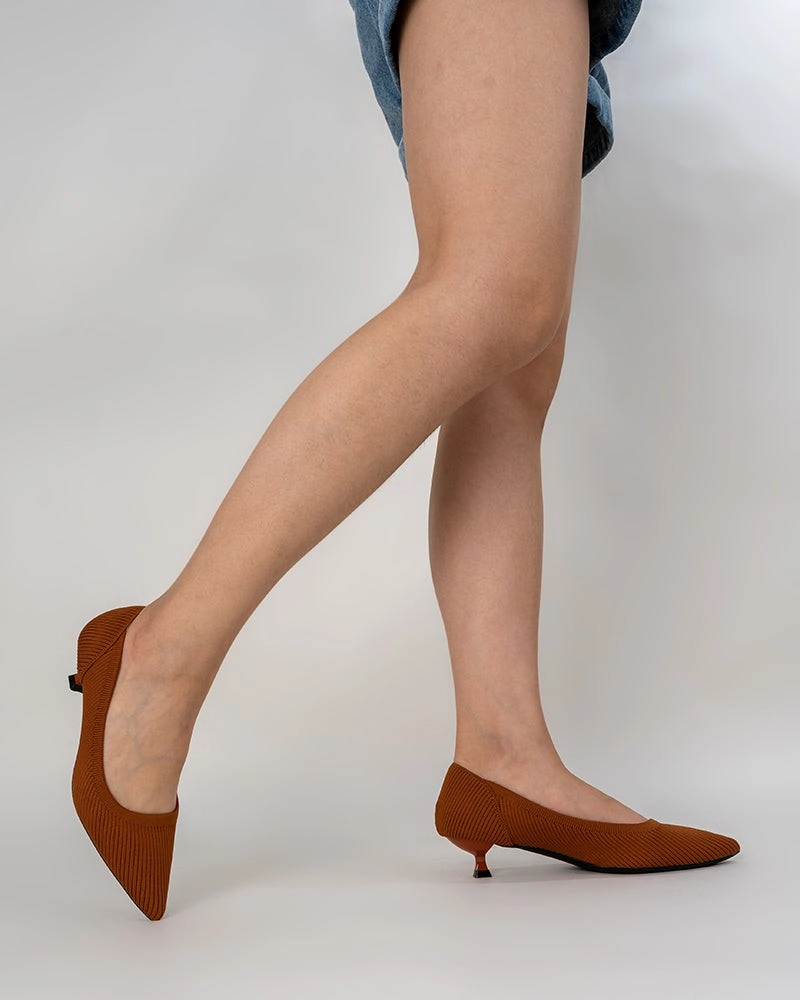 Flat Shoes Fancy Orange Solid Color Pointed-Toe Striped Kitten Heels