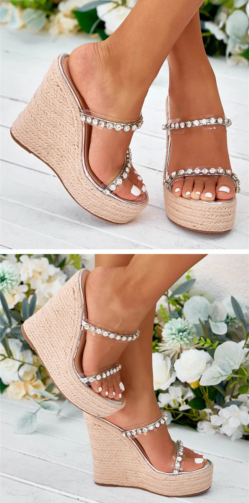 Tasman Slippers Journeys Kidz Neue Kristall Transparent Offene spitze Plattform Heels Hausschuhe Frauen Keile Sandalen Mode Stroh Seil Weben Dicken Boden Weibliche Schuhe