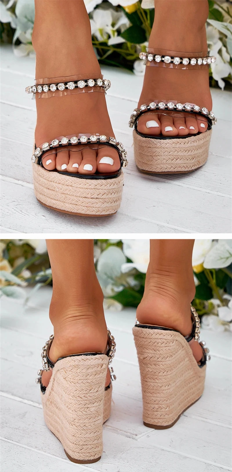 Neue Kristall Transparent Offene spitze Plattform Heels Hausschuhe Frauen Keile Sandalen Mode Stroh Seil Weben Dicken Boden Weibliche Schuhe Darla Buckle Slide Sandal