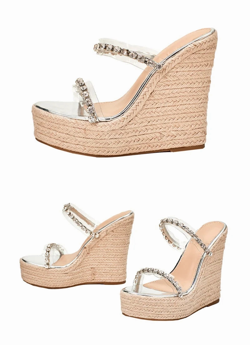 Neue Kristall Transparent Offene spitze Plattform Heels Hausschuhe Frauen Keile Sandalen Mode Stroh Seil Weben Dicken Boden Weibliche Schuhe Cozette Slide