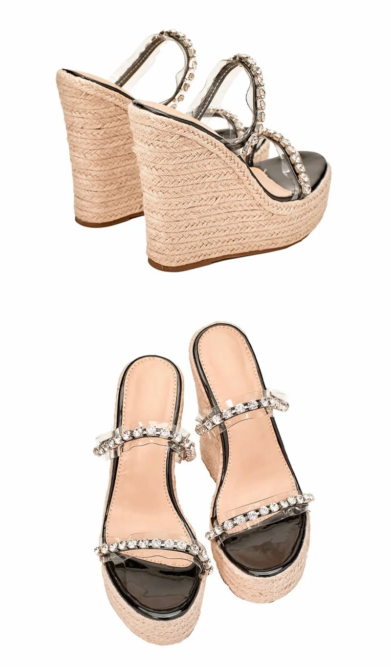 Felted Wool Slippers Diy Neue Kristall Transparent Offene spitze Plattform Heels Hausschuhe Frauen Keile Sandalen Mode Stroh Seil Weben Dicken Boden Weibliche Schuhe