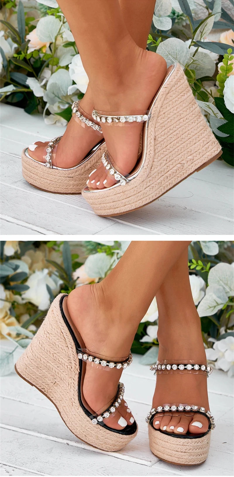 Neue Kristall Transparent Offene spitze Plattform Heels Hausschuhe Frauen Keile Sandalen Mode Stroh Seil Weben Dicken Boden Weibliche Schuhe Buckle Slides