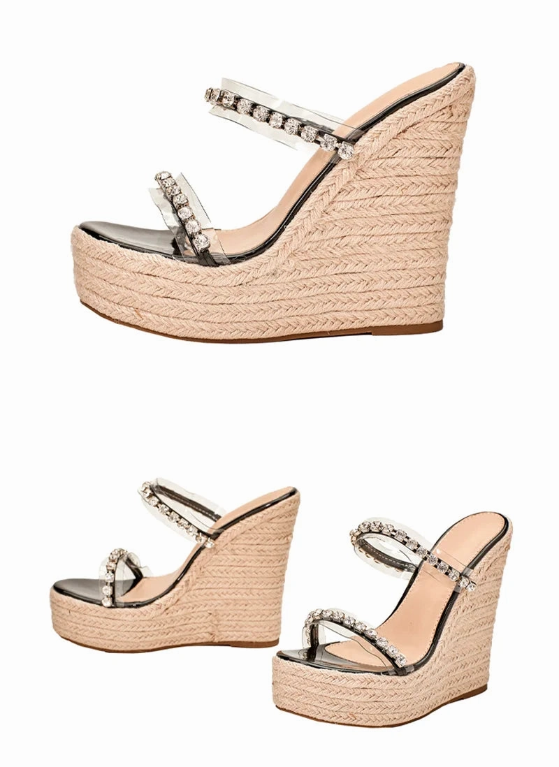 Cozies Slippers Neue Kristall Transparent Offene spitze Plattform Heels Hausschuhe Frauen Keile Sandalen Mode Stroh Seil Weben Dicken Boden Weibliche Schuhe