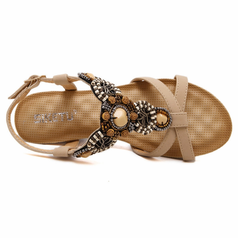 Island Flip Flops Summer Wedge Beach Shoes Bohemian Beaded Flip Flops Sandals for Women