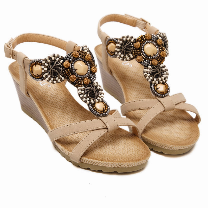 Summer Wedge Beach Shoes Bohemian Beaded Flip Flops Sandals for Women Foldable Flip Flops