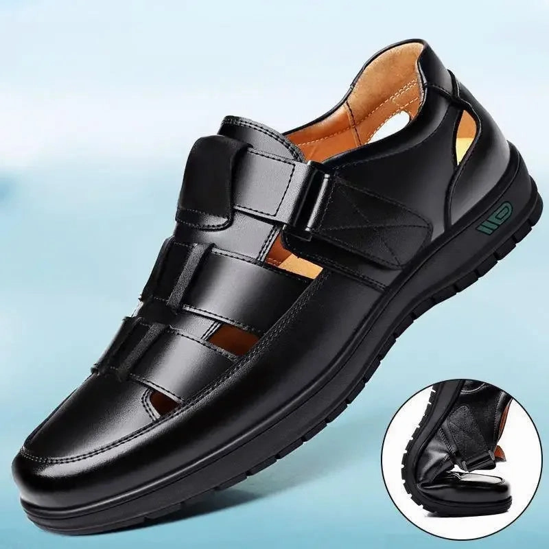 2024 Summer Hollow Leather Shoes Men's Casual Sandals Breathable Hole Shoes Sandals Men Shoes  Sandals Leather Closed Toe Sandals