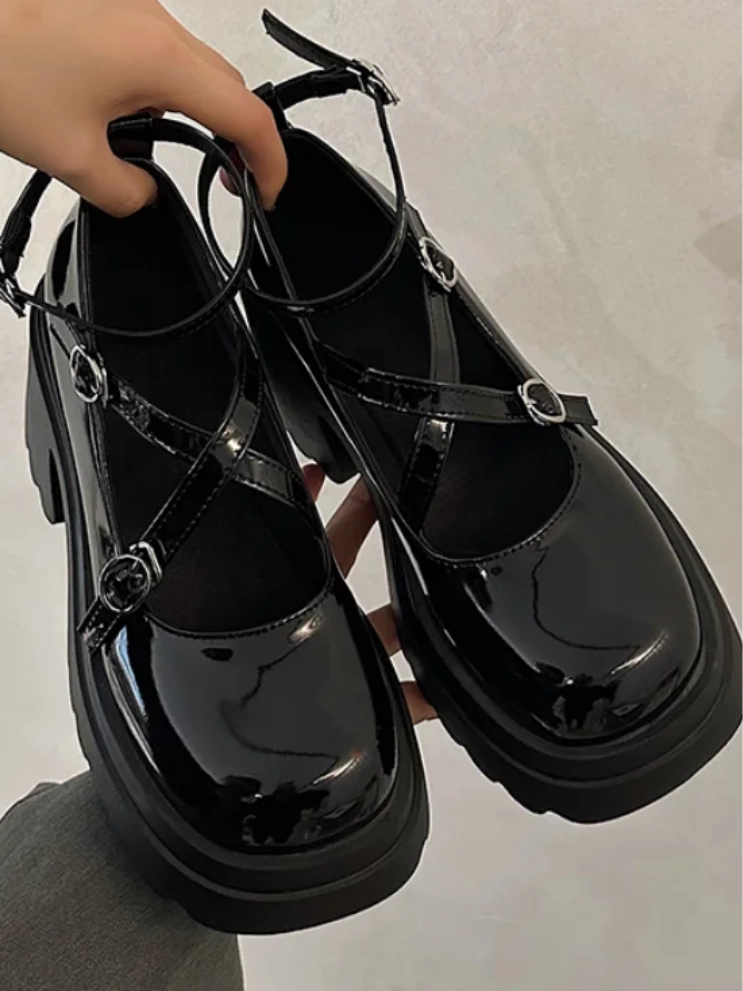 Casual Shoes Size 7 Patent Leather Ankle Strap Lolita Shoes Women Thick Heels Platform  Woman Sweet Lovely High Heeled Pumps