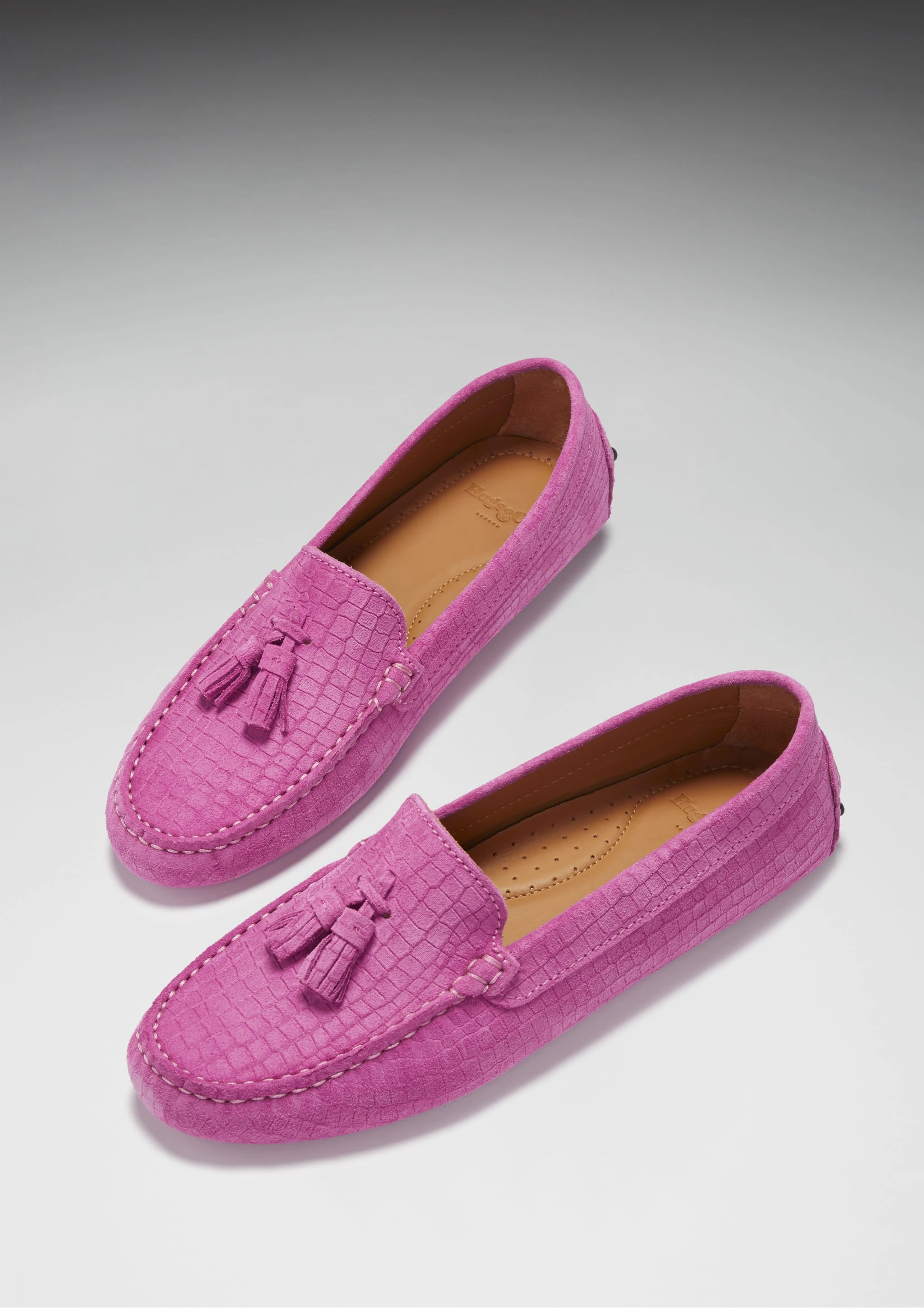 Women's Tasselled Driving Loafers, pink embossed suede Camper Loafers