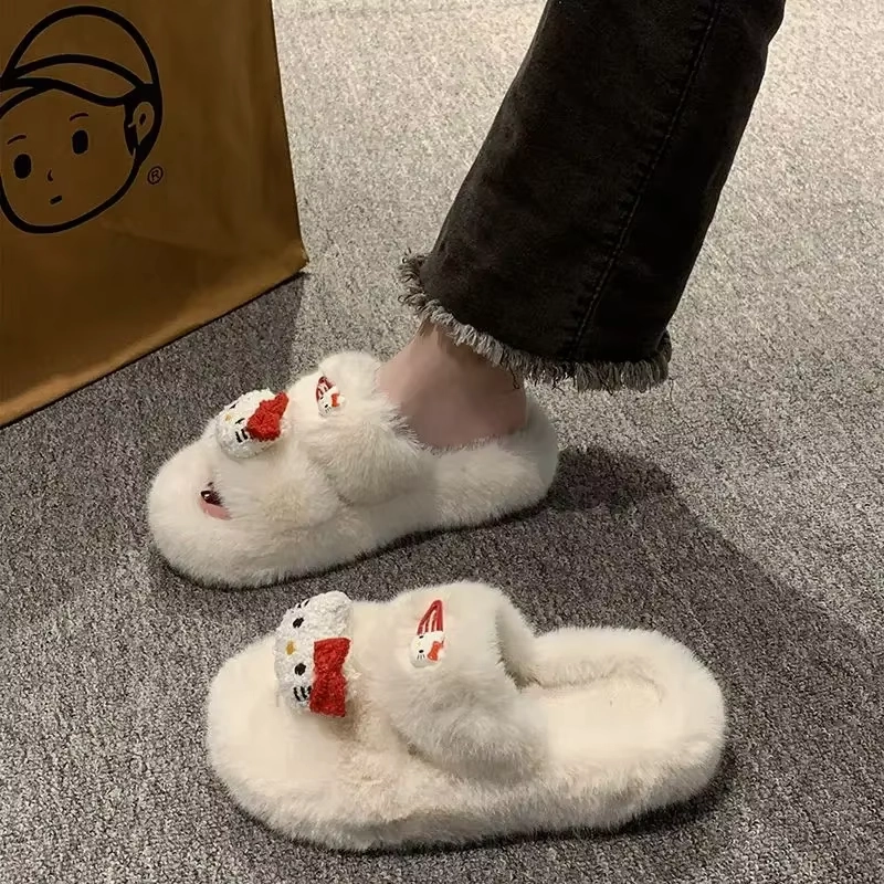 Kitty Autumn/Winter Slippers  Kawaii Furry Flip-Flops, Comfortable Flat-Bottom Home Shoes for Women Slim Square Logo Metallic Flip Flops
