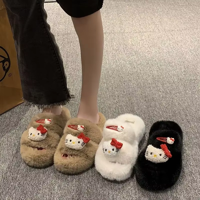 Groove Flip Flops Kitty Autumn/Winter Slippers  Kawaii Furry Flip-Flops, Comfortable Flat-Bottom Home Shoes for Women