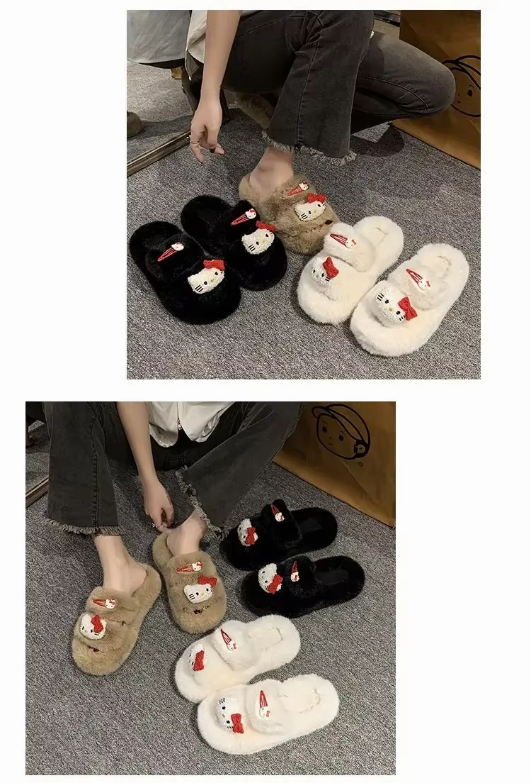 Dawgs Flip Flops Kitty Autumn/Winter Slippers  Kawaii Furry Flip-Flops, Comfortable Flat-Bottom Home Shoes for Women